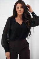 Elegancka bluzka damska z szyfonowym długim rękawem dekolt V mankiety z guzikiem - czarna